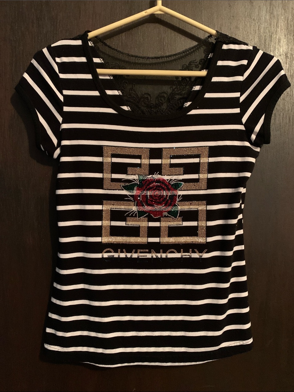 Givenchy Black and White Striped Tee with Gold Logo and Red Rose
